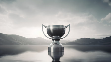 Silver trophy on water surface with mountains in the background. 3d renderの素材
