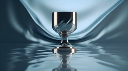 Silver goblet with blue drapery and reflection in waterの素材
