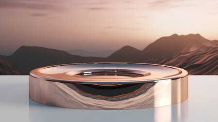 Abstract 3d rendering of empty round podium with mountains in the backgroundの素材