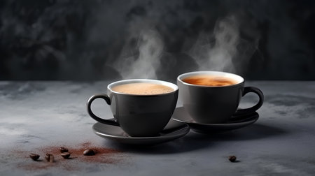 Two cups of coffee on a dark background with coffee beans and smokeの素材