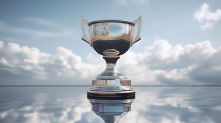 3D render of a trophy cup with reflection on the water surfaceの素材