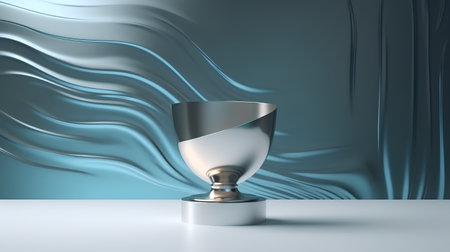 Silver winners cup on a blue background with drapery. 3d renderの素材