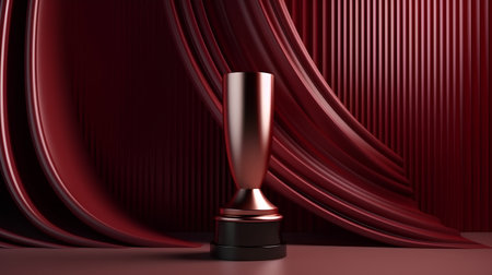 3D render of a red stage curtain with a golden trophy on itの素材