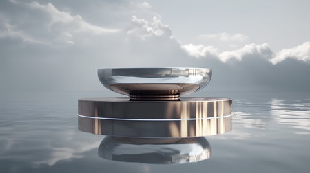 3d render of glass container on water surface with clouds in the backgroundの素材