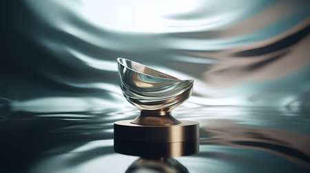 3d render of a golden trophy on a silver background with wavesの素材