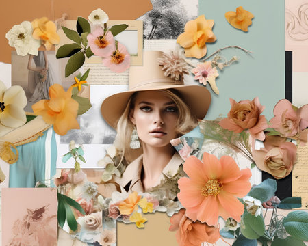 fashionable woman in hat with flowers on colorful background, collageの素材