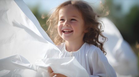 Portrait of a little girl in a white dress in the fieldの素材