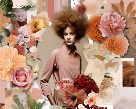 fashion studio photo of beautiful sensual woman with dark hair in elegant clothes posing among flowersの素材