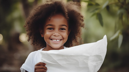 Portrait of smiling african american little girl holding map in the parkの素材