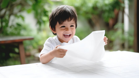Cute asian baby boy playing with paper and smiling. Child education concept.の素材