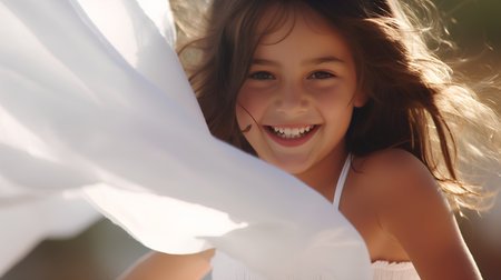 Portrait of a beautiful young girl in a white dress on the beachの素材