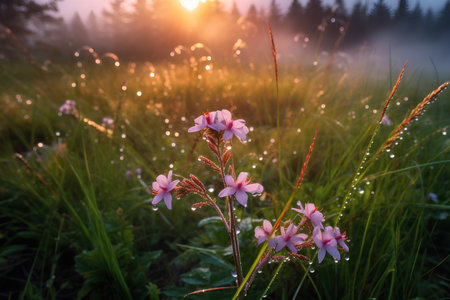 Beautiful summer meadow with pink flowers and green grass at sunset.