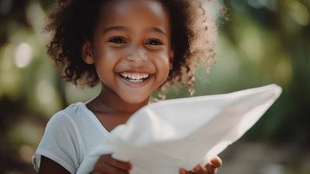 Closeup portrait of a smiling little african american girl reading newspaper outdoorsの素材