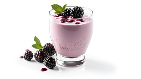 Glass of blackberry and blackberry smoothie isolated on white backgroundの素材