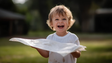 Happy little boy playing with paper airplane in the park, outdoor shotの素材
