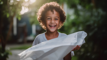 Portrait of a smiling african american boy holding a white paper bagの素材