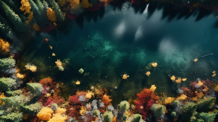 Aerial view of lake in autumn forest. Colorful trees on the lake.の素材