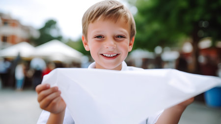 Portrait of a smiling little boy with a paper airplane in his handsの素材