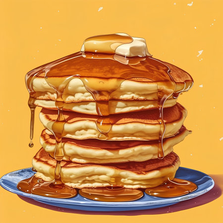 Pancakes with honey on a yellow background. A stack of pancakes.の素材