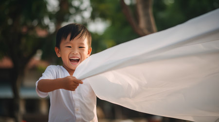 Happy asian little boy playing with white cloth outdoors in the parkの素材