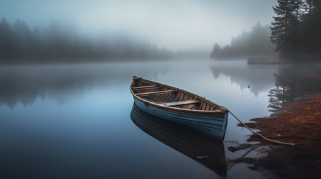Foggy morning on the lake with wooden boat and pine forest.の素材