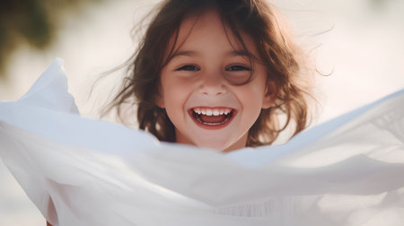Portrait of a cute little girl with a white cloth on the beachの素材