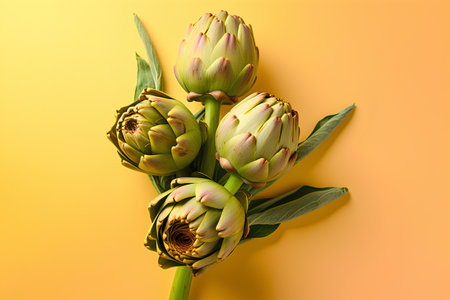 Fresh artichoke flowers on yellow background. Flat lay, top viewの素材