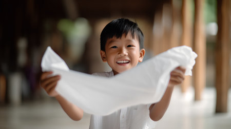 Cute asian little boy playing with tissue paper at home.の素材