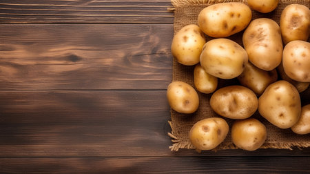 Potatoes. Potatoes on wooden background. Top view.の素材