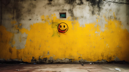 Funny smiley face on the yellow wall, vintage style.の素材