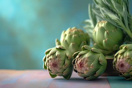 Fresh artichokes on a blue background. Selective focus.の素材