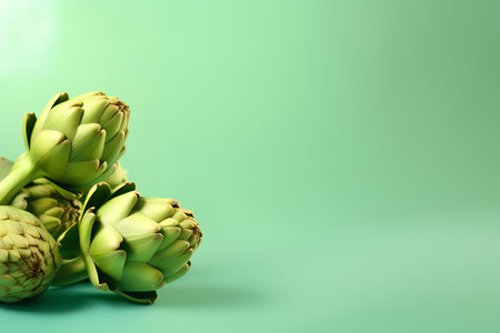 Fresh artichokes on green background with copy space. Creative food conceptの素材