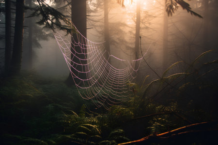 Mysterious spider web in the forest at sunrise. Halloween backgroundの素材