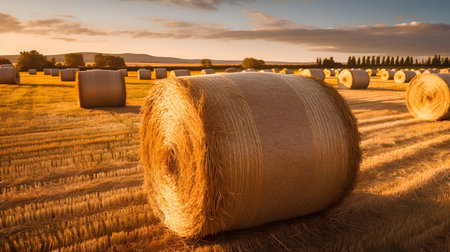 Straw bales at sunset in Tuscany, Italy.の素材