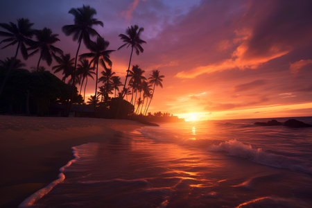 Beautiful sunset on the beach with coconut palm trees. Colorful background.の素材
