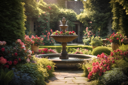 Beautiful garden with fountain and flowers at sunset. Toned.の素材