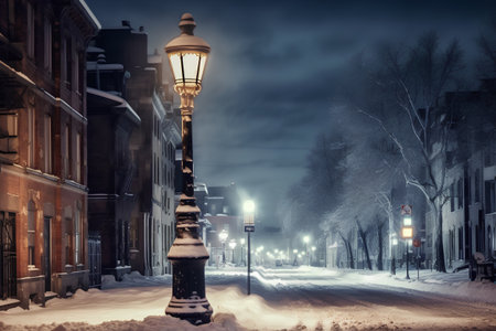 Winter street lamp in the center of the city at night, tonedの素材