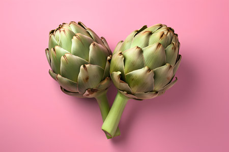 Two artichokes isolated on pink background. Creative food concept. 3d renderの素材
