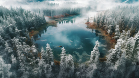 Aerial view of a frozen lake in the winter forest. Beautiful winter landscapeの素材