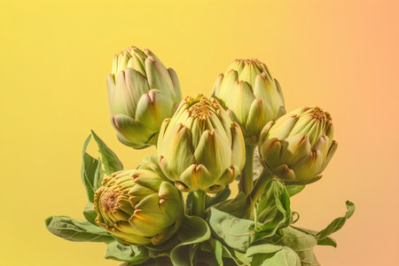Artichoke flowers on yellow background. Creative layout made of fresh artichoke buds.の素材