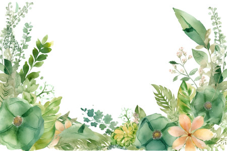 Watercolor floral frame with green leaves and flowers. Hand painted illustrationの素材