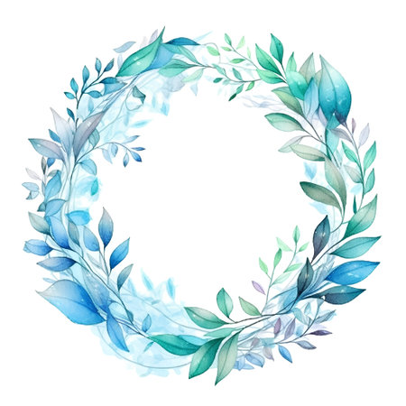 Watercolor floral wreath with blue leaves and branches, hand painted isolated on white backgroundの素材