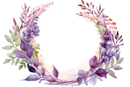 Watercolor floral wreath with purple flowers. Hand drawn illustration.の素材