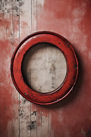 Old red wooden frame on grunge background. 3d illustration.の素材