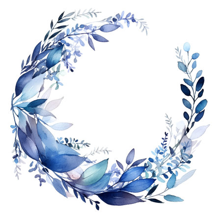 Watercolor floral wreath with blue leaves and branches isolated on white background.の素材