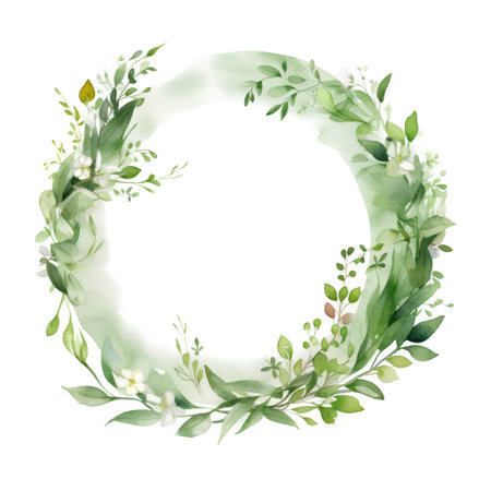 Watercolor wreath with green branches, leaves and flowers. Hand painted illustration isolated on white backgroundの素材
