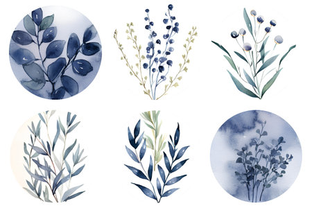 Watercolor set of eucalyptus branches and leaves, hand drawn illustrationの素材