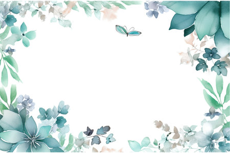 Watercolor greeting card with blue flowers and butterflies. Handmade.の素材