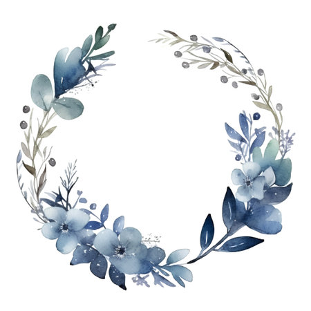 Watercolor floral wreath with blue flowers and branches. Hand painted illustrationの素材