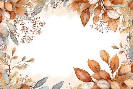 Watercolor autumn floral wreath with leaves and branches on white backgroundの素材